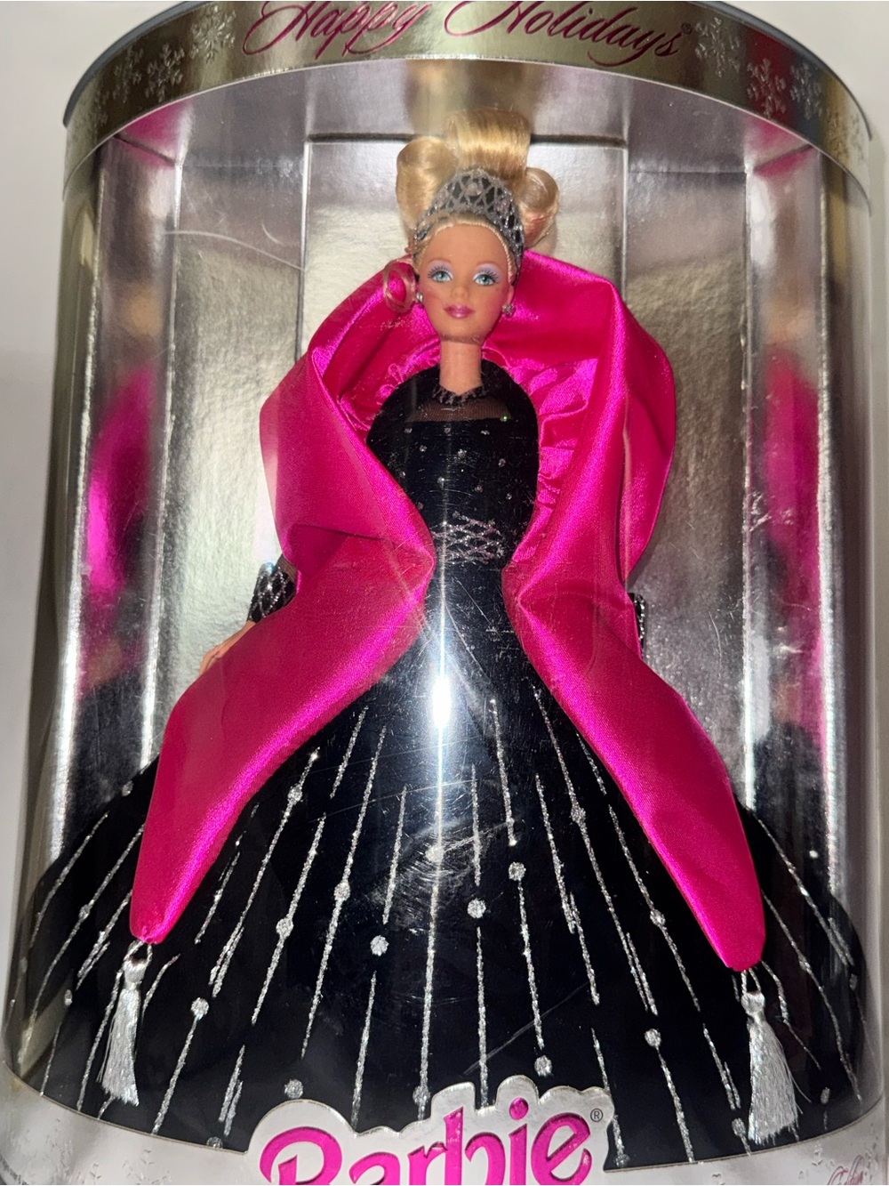 Rare misprint Mattel Barbie Holiday Doll in Black Gown with Hot Pink Shawl
